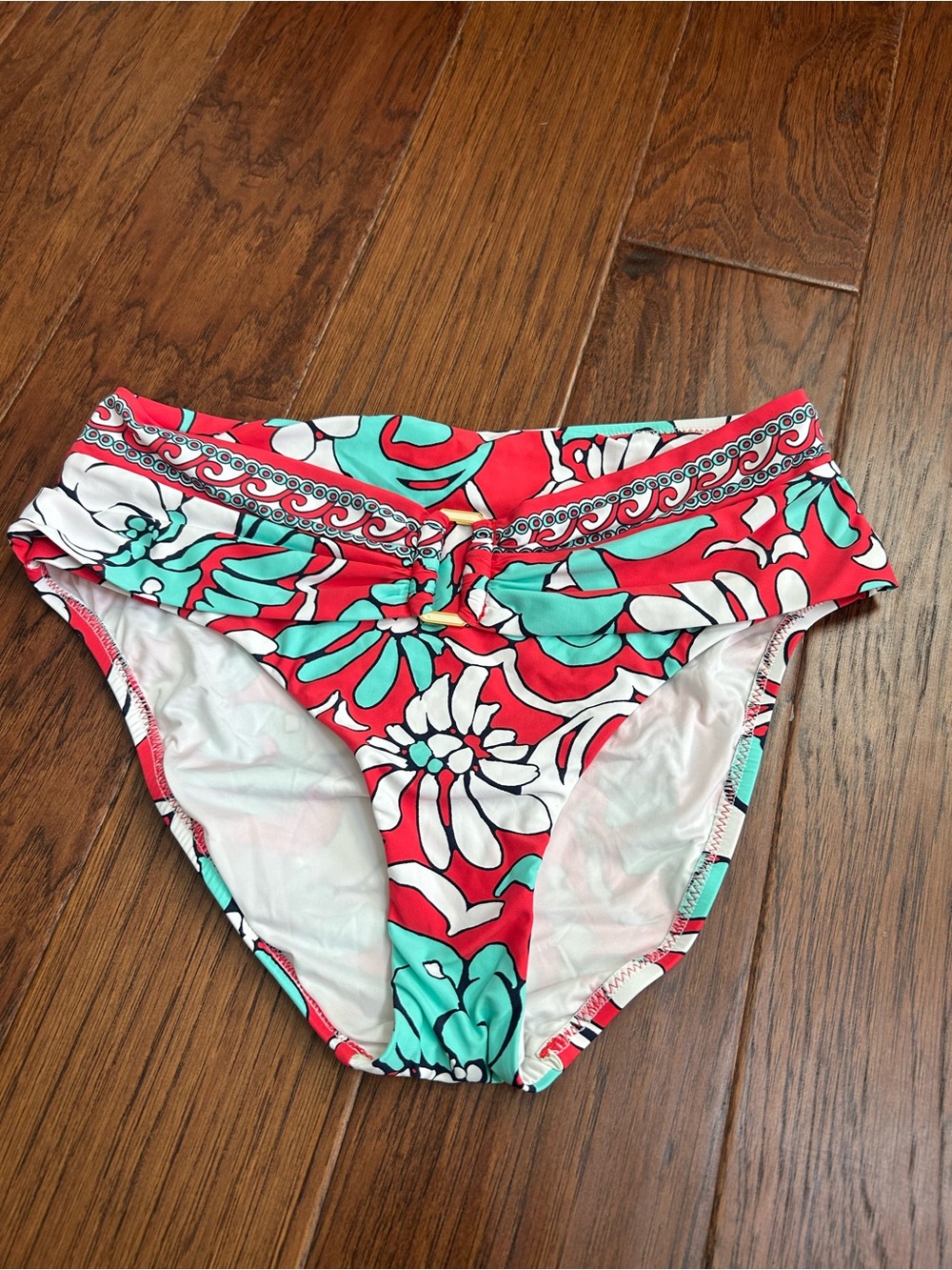 Trina Turk size 4 Red Floral Bikini Bottoms with Aqua Accents